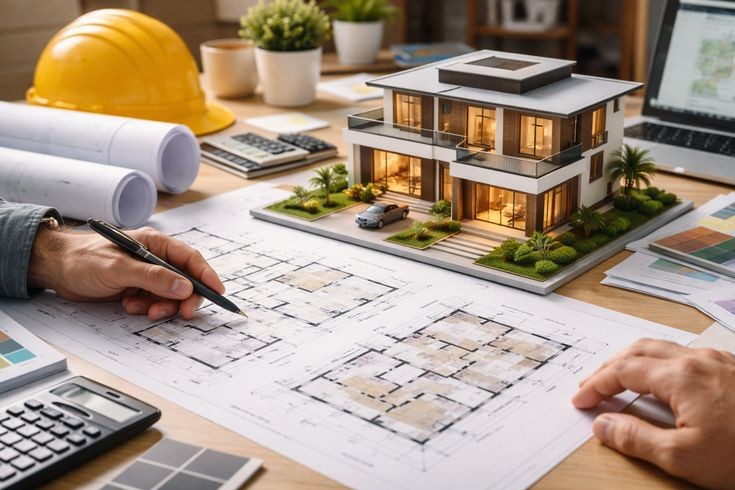 Architectural model, floor plans and drafting tools on a design desk